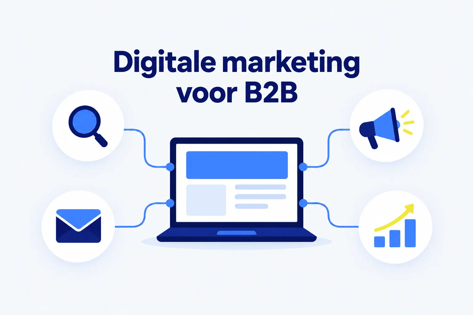 Illustratie: digitale marketing voor B2B met laptop en marketingkanalen
