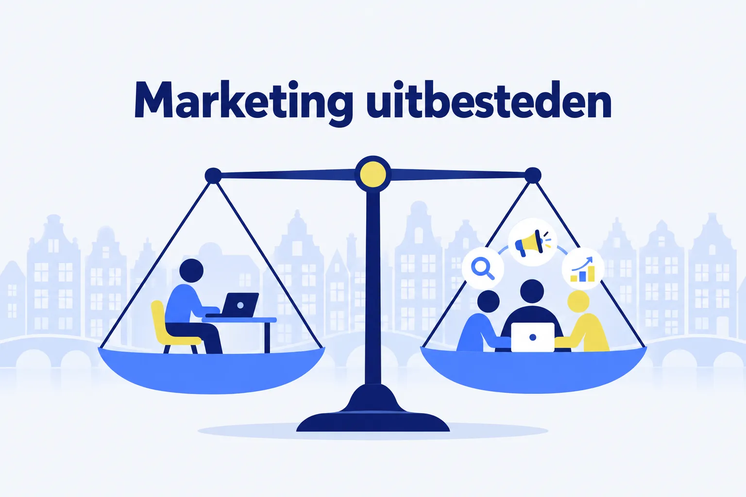 Illustratie: marketing uitbesteden, eigen marketeer tegenover een bureau op een weegschaal