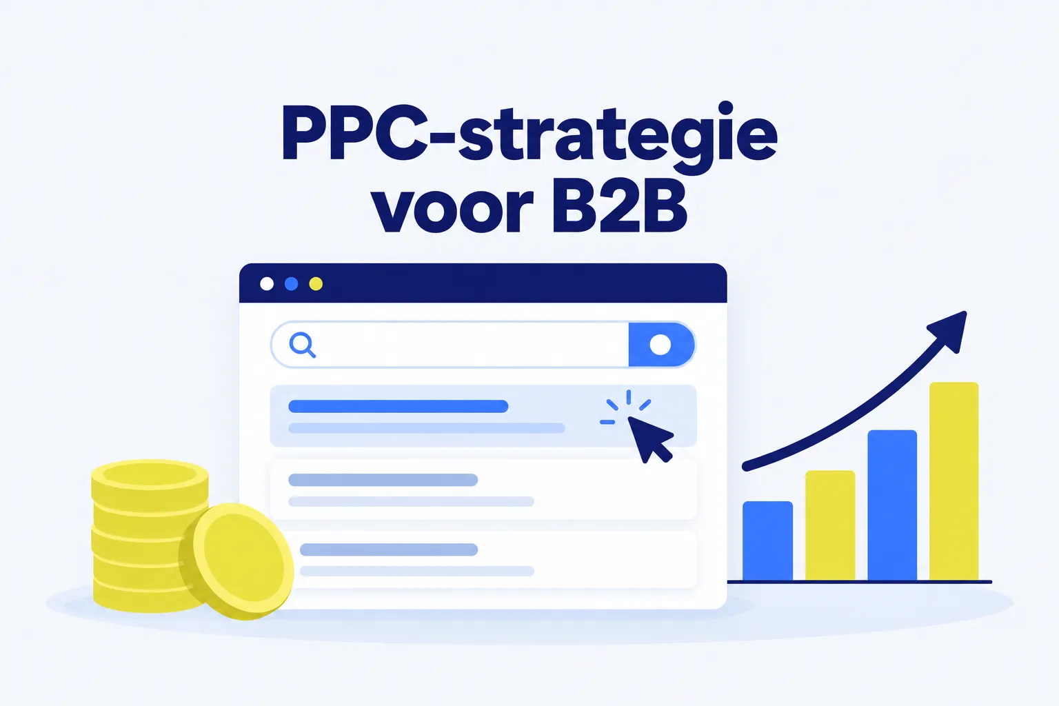 Illustratie: PPC-strategie voor B2B met zoekresultaat en groeigrafiek
