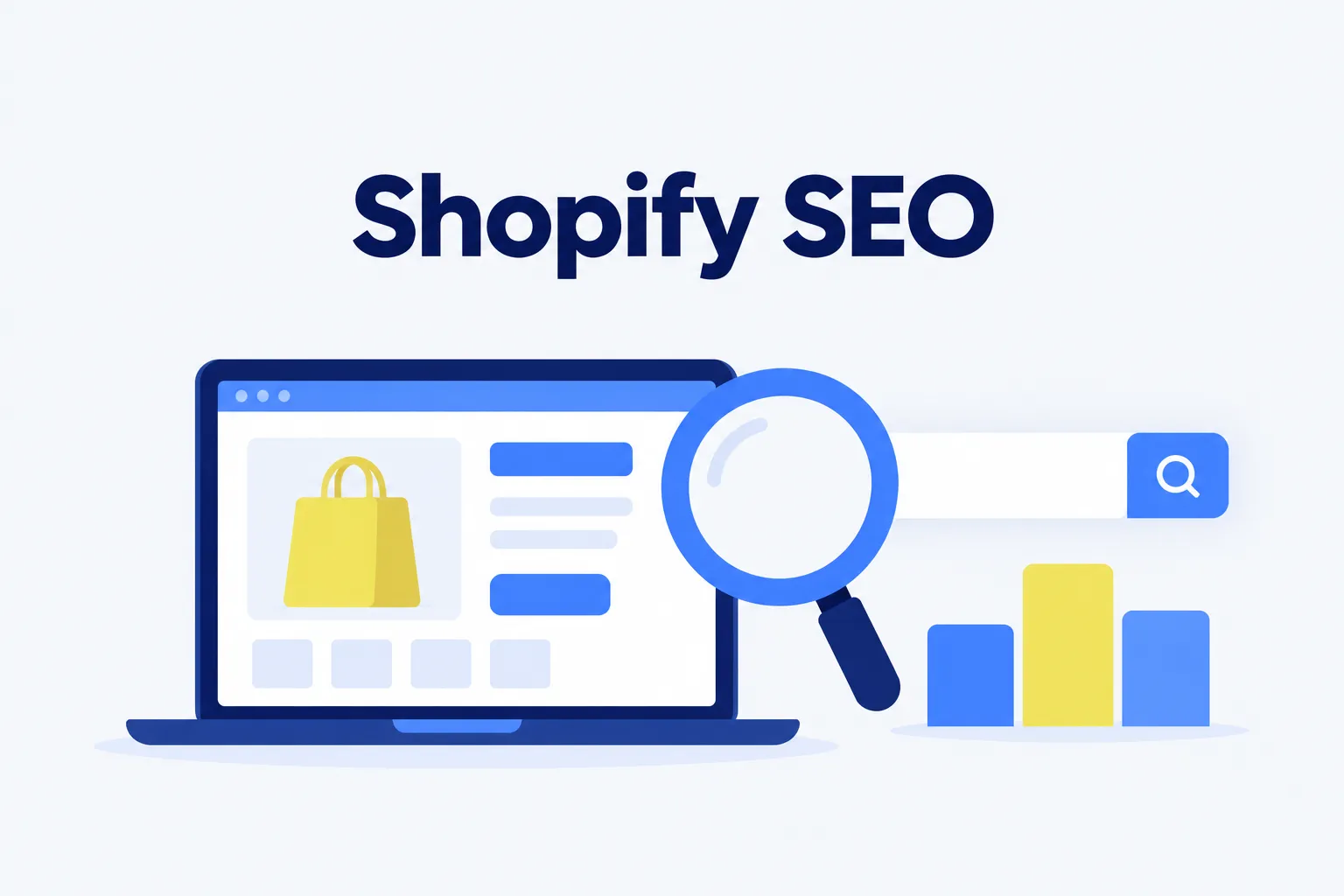 Illustratie: Shopify SEO met webshop, vergrootglas en zoekbalk