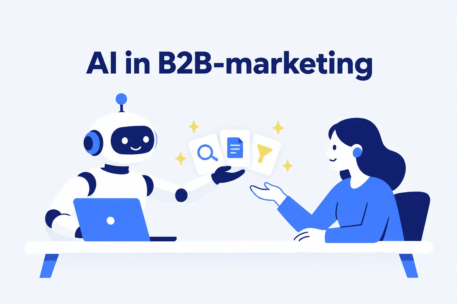 Illustratie: AI in B2B-marketing, een robot geeft taken door aan een marketeer