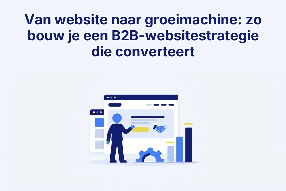 Illustratie van een persoon die bij een browservenster met grafieken, tandwielen en handdruk-icoon staat.